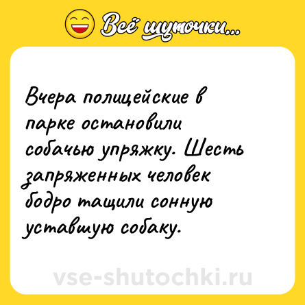 Шутка: Вчера полицейские в парке остановили собачью упряжку. Шесть запряженных человек бодро тащили сонную уставшую собаку.