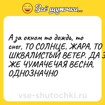 Шутка: А за окном то дождь, то снег, ТО СОЛНЦЕ, ЖАРА, ТО ШКВАЛИСТЫЙ ВЕТЕР. ДА ЭТО ЖЕ ЧУМАЧЕЧАЯ ВЕСНА, ОДНОЗНАЧНО