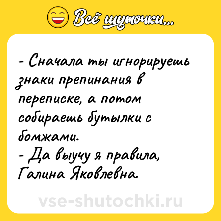 Шутка: - Сначала ты игнорируешь знаки препинания в переписке, а потом собираешь бутылки с бомжами. <br>- Да выучу я правила, Галина Яковлевна.