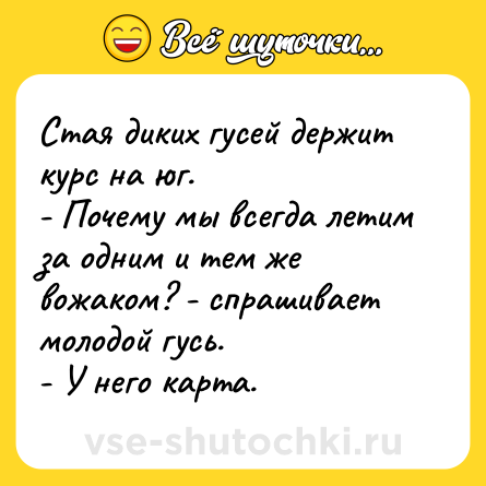 Шутка: Стая диких гусей держит курс на юг. <br>- Почему мы всегда летим за одним и тем же вожаком? - спрашивает молодой гусь.<br>- У него карта.