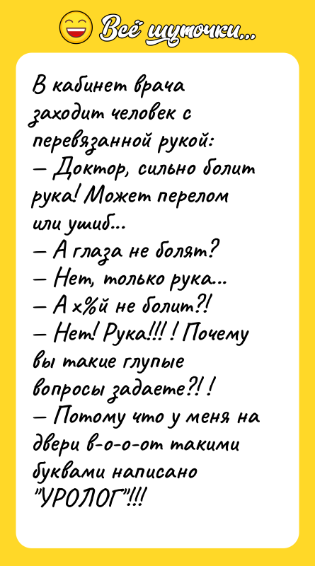 В кабинет врача заходит человек с перевязанной рукой: Доктор,