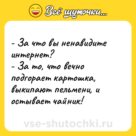 Шутка: - За что вы ненавидите интернет?<br>- За то, что вечно подгорает картошка, выкипают пельмени, и остывает чайник!