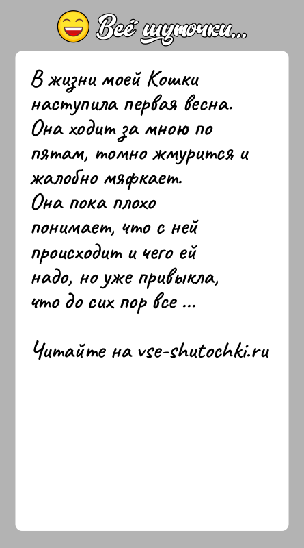 История: В жизни моей Кошки наступила первая весна. Она ходит за мною по пятам, томно жмурится и жалобно мяфкает.Она пока плохо