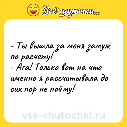 Шутка: - Ты вышла за меня замуж по расчету!<br>- Ага! Только вот на что именно я рассчитывала до сих пор не пойму!