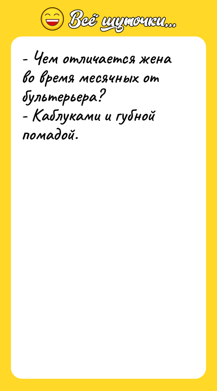 - Чем отличается жена во время месячных от бультерьера? -