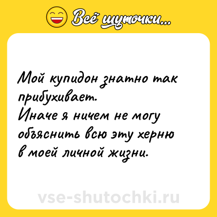 Шутка: Мой купидон знатно так прибухивает. <br>Иначе я ничем не могу объяснить всю эту херню в моей личной жизни.