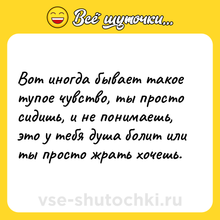 Шутка: Вот иногда бывает такое тупое чувство, ты просто сидишь, и не понимаешь, это у тебя душа болит или ты просто жрать хочешь.