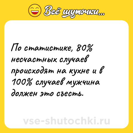 Шутка: По статистике, 80% несчастных случаев происходят на кухне и в 100% случаев мужчина должен это съесть.