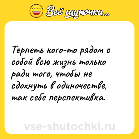 Шутка: Терпеть кого-то рядом с собой всю жизнь только ради того, чтобы не сдохнуть в одиночестве, так себе перспективка.