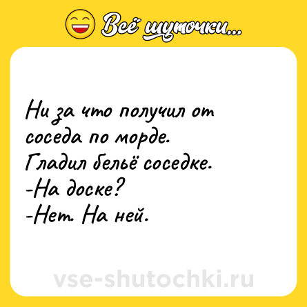 Шутка: Ни за что получил от соседа по морде.<br>Гладил бельё соседке.<br>-На доске?<br>-Нет. На ней.