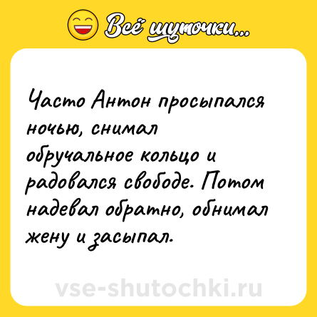 Шутка: Часто Антон просыпался ночью, снимал обручальное кольцо и радовался свободе. Потом надевал обратно, обнимал жену и засыпал.