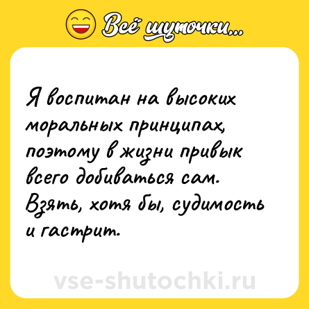 Шутка: Я воспитан на высоких моральных принципах, поэтому в жизни привык всего добиваться сам. Взять, хотя бы, судимость и гастрит.