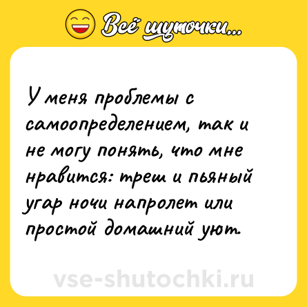 Шутка: У меня проблемы с самоопределением, так и не могу понять, что мне нравится: треш и пьяный угар ночи напролет или простой домашний уют.