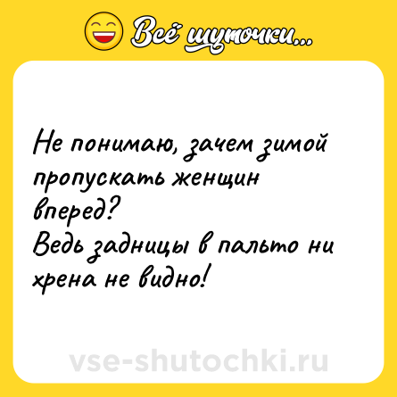 Шутка: Не понимаю, зачем зимой пропускать женщин вперед?<br>Ведь задницы в пальто ни хрена не видно!