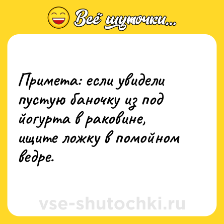 Шутка: Примета: если увидели пустую баночку из под йогурта в раковине, ищите ложку в помойном ведре.