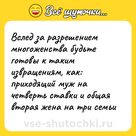 Шутка: Вслед за разрешением многоженства будьте готовы к таким извращениям, как: приходящий муж на четверть ставки и общая вторая жена на три семьи