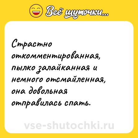 Шутка: Страстно откомментированная, пылко залайканная и немного отсмайленная, она довольная отправилась спать.