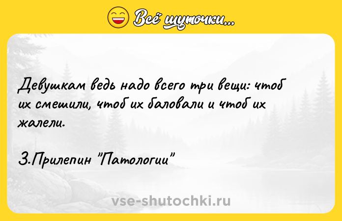 Цитата: Девушкам ведь надо всего три вещи: чтоб их смешили, чтоб их баловали и чтоб их жалели. З.Прилепин Патологии