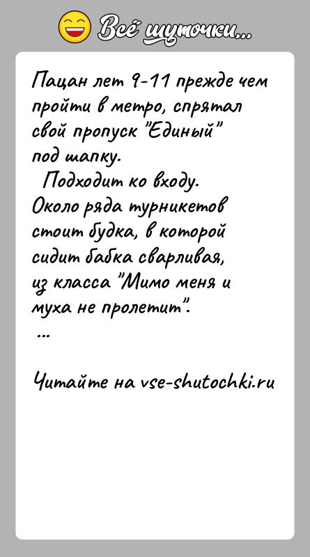 История: Пацан лет 9-11 прежде чем пройти в метро, спрятал свой пропуск Единый под шапку. Подходит ко входу. Около