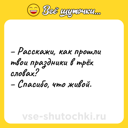 Шутка: Расскажи, как прошли твои праздники в трёх словах? Спасибо, что живой.