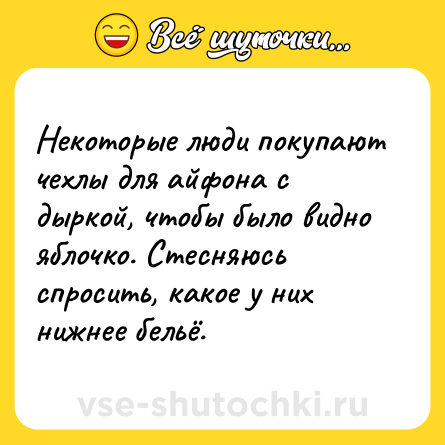 Шутка: Некоторые люди покупают чехлы для айфона с дыркой, чтобы было видно яблочко. Стесняюсь спросить, какое у них нижнее бельё.