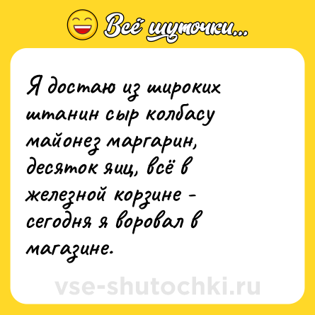 Шутка: Я достаю из широких штанин сыр колбасу майонез маргарин, десяток яиц, всё в железной корзине - сегодня я воровал в магазине.