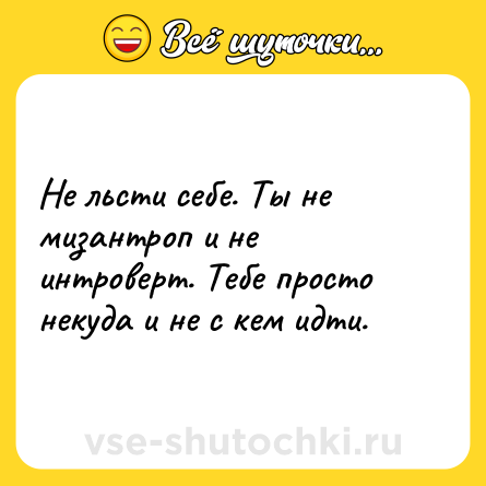 Шутка: Не льсти себе. Ты не мизантроп и не интроверт. Тебе просто некуда и не с кем идти.