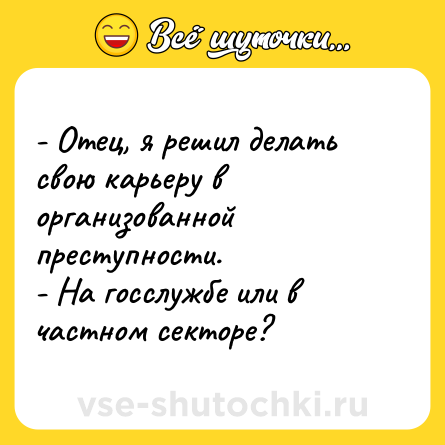 Шутка: - Отец, я решил делать свою карьеру в организованной преступности. <br>- На госслужбе или в частном секторе?
