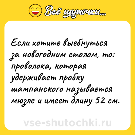 Шутка: Если хотите выебнуться за новогодним столом, то: проволока, которая удерживает пробку шампанского называется мюзле и имеет длину 52 см.
