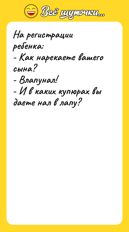 На регистрации ребенка: - Как нарекаете вашего сына? - Влапунал!