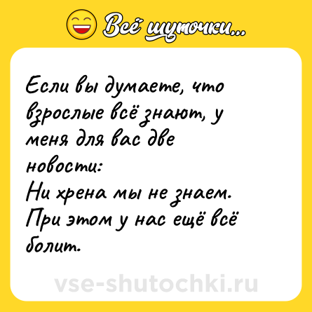 Шутка: Если вы думаете, что взрослые всё знают, у меня для вас две новости:<br>Ни хрена мы не знаем.<br>При этом у нас ещё всё болит.