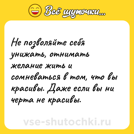 Шутка: Не позволяйте себя унижать, отнимать желание жить и сомневаться в том, что вы красивы. Даже если вы ни черта не красивы.