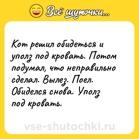 Шутка: Кот решил обидеться и уполз под кровать. Потом подумал, что неправильно сделал. Вылез. Поел. Обиделся снова. Уполз под кровать.