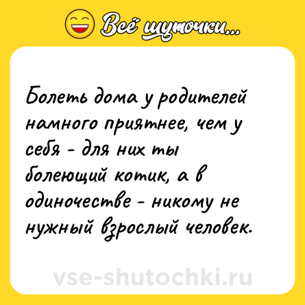 Шутка: Болеть дома у родителей намного приятнее, чем у себя - для них ты болеющий котик, а в одиночестве - никому не нужный взрослый человек.