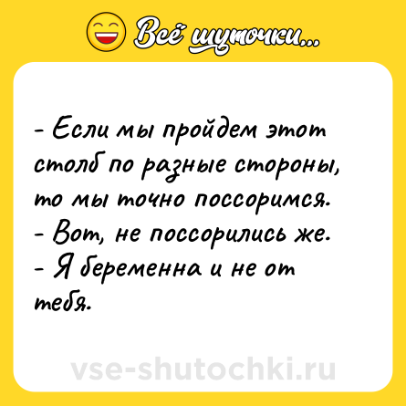 Шутка: - Если мы пройдем этот столб по разные стороны, то мы точно поссоримся.<br>- Вот, не поссорились же.<br>- Я беременна и не от тебя.