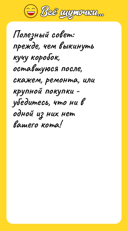 Шутка: Полезный совет: прежде, чем выкинуть кучу коробок, оставшуюся после, скажем, ремонта, или крупной покупки - убедитесь, что ни в одной из них нет вашего кота!
