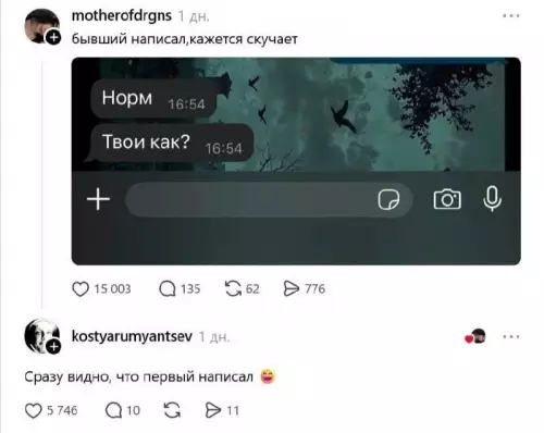 Бывший вернулся с козырей? 😂 - бывший написал,кажется скучает Норм Твои как?