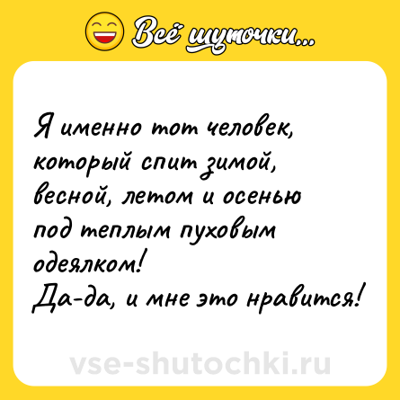Шутка: Я именно тот человек, который спит зимой, весной, летом и осенью под теплым пуховым одеялком! <br>Да-да, и мне это нравится!