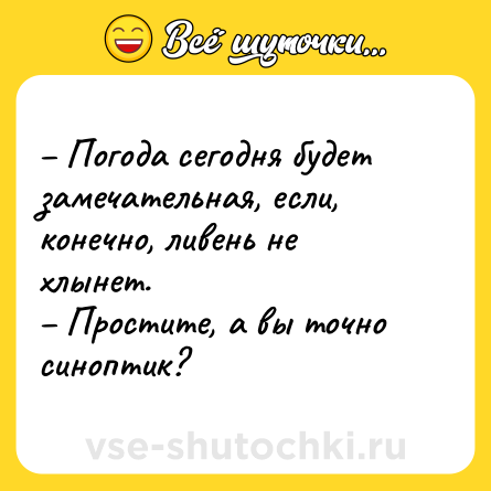 Шутка: – Погода сегодня будет замечательная, если, конечно, ливень не хлынет.<br>– Простите, а вы точно синоптик?