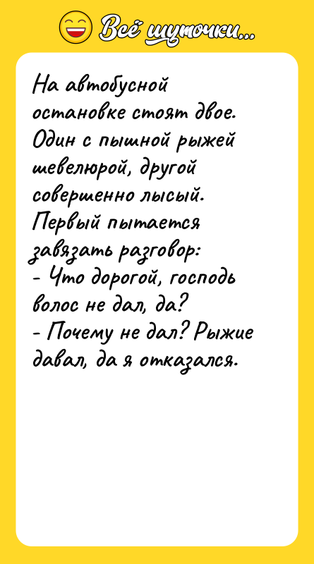 Hа автобусной остановке стоят двое. Один с пышной рыжей шевелюрой,