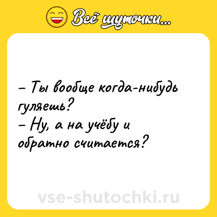 Шутка: – Ты вообще когда-нибудь гуляешь? <br>– Ну, а на учёбу и обратно считается?
