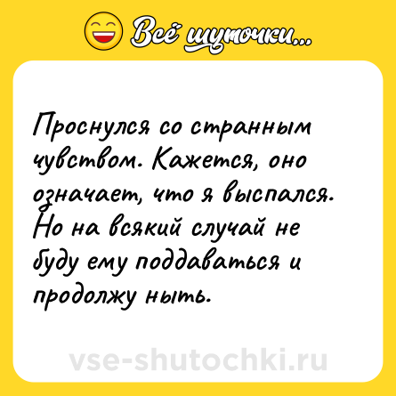 Шутка: Проснулся со странным чувством. Кажется, оно означает, что я выспался. Но на всякий случай не буду ему поддаваться и продолжу ныть.