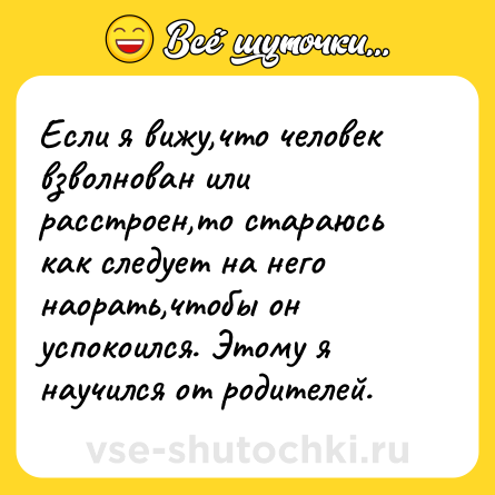 Шутка: Если я вижу,что человек взволнован или расстроен,то стараюсь как следует на него наорать,чтобы он успокоился. Этому я научился от родителей.