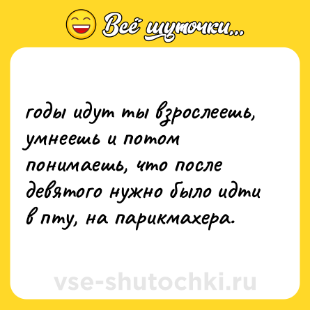 Шутка: годы идут ты взрослеешь, умнеешь и потом понимаешь, что после девятого нужно было идти в пту, на парикмахера.