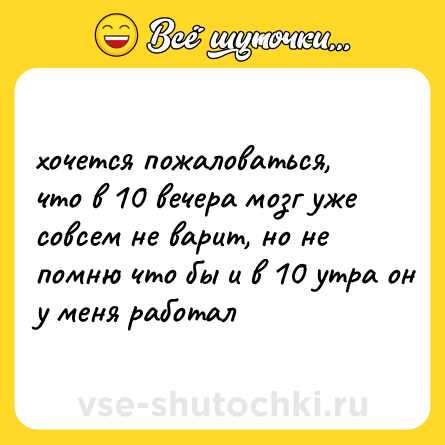 Шутка: хочется пожаловаться, что в 10 вечера мозг уже совсем не варит, но не помню что бы и в 10 утра он у меня работал