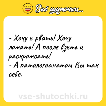 Шутка: - Хочу я рвать! Хочу ломать! А после взять и раскромсать! <br>- А патологоанатом Вы так себе.
