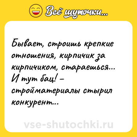 Шутка: Бывает, строишь крепкие отношения, кирпичик за кирпичиком, стараешься… И тут бац! – стройматериалы стырил конкурент...