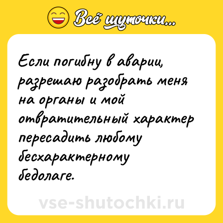 Шутка: Если погибну в аварии, разрешаю разобрать меня на органы и мой отвратительный характер пересадить любому бесхарактерному бедолаге.