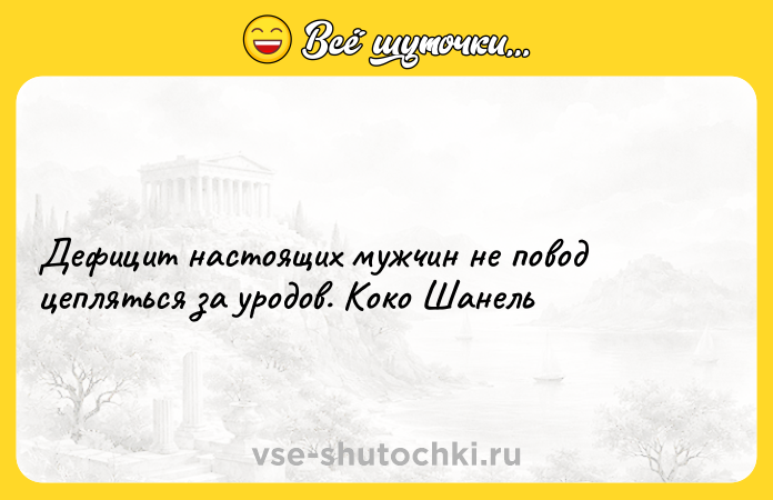 Цитата: Дефицит настоящих мужчин не повод цепляться за уродов. Коко Шанель