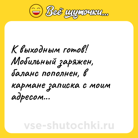 Шутка: К выходным готов! <br>Мобильный заряжен, баланс пополнен, в кармане записка с моим адресом...